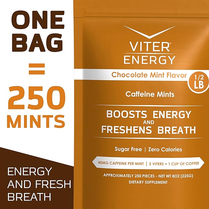 Viter Energy 40mg Caffeine Mints - Sugar Free, B Vitamins, Vegan, Boosts Fast Energized Alert Focus, Caffeinated Nootropic Supplement Pills (Chocolate Mint Flavor, 8oz, Bulk Bag)