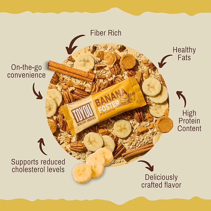 ToYou Chewy Fruit and Nut Bars - Healthy Protein Snacks | Banana Foster - 1.41 Ounce (Pack of 12) | Soft Chewy, Fiber-packed Granola Bars for Adults and Kids, Made with Natural Ingredients