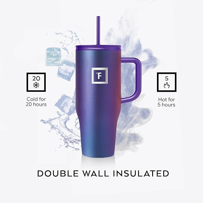 IRON °FLASK Co-Pilot Insulated Mug w/Straw & Flip Cap Lids - Cup Holder Bottle for Hot, Cold Drink - Leak-Proof - Water, Coffee Portable Travel Mug - Cobalt Blue, 32 Oz