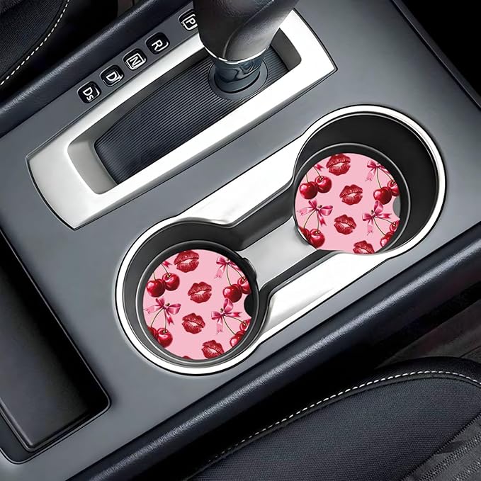 ABLESKY Car Coasters for Cup Holders, 2 Pack Absorbent Anti Slip Car Cup Holder Coasters, 2.56 Inch Ceramic Universal Size Auto Interior Accessories Women Men-Cherry Pink Bow with Red Lips