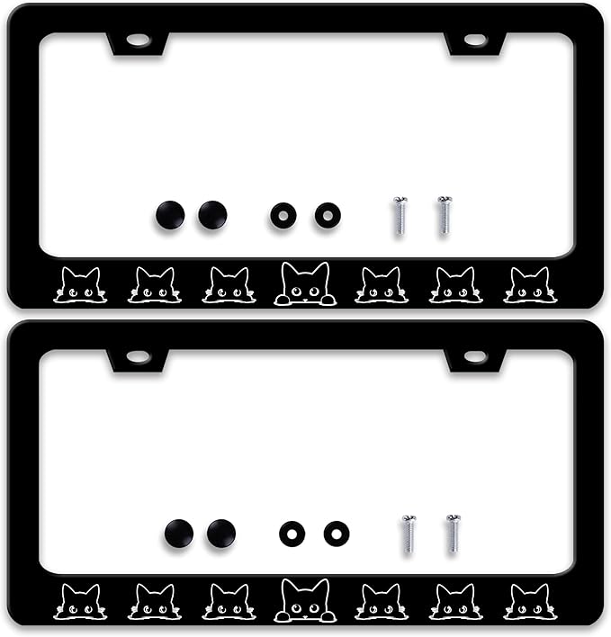 2 Pcs Black Cat License Plate Frame Pet Animal License Plate Holder Personalise Stainless Steel Funny Design Compatible with Standard License Plate Frames for USA and Canada 6 X 12 Inch 2 Holes