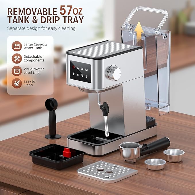 Espresso Machine with Milk Frother, 20 Bar Compact Espresso Maker with Touch Screen & 57.5oz Removable Water Tank for Home, Stainless Steel Coffee Machine for Cappuccino, Latte, Silver(updated)