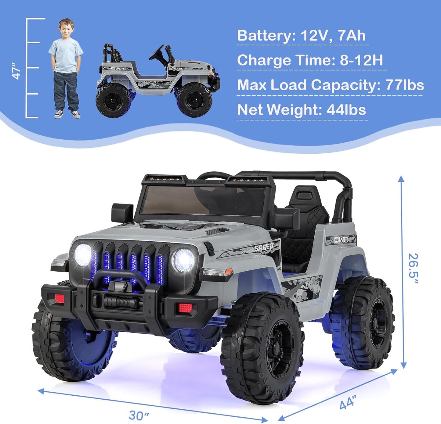 INFANS Kids Ride on Car Truck with 2.4G Remote Control, 12V Battery Powered Electric Cars for Kids w/3 Speeds, Battery Display, LED Lights, Safety Belt, Music & Horn, Bluetooth/FM/USB (Gray)