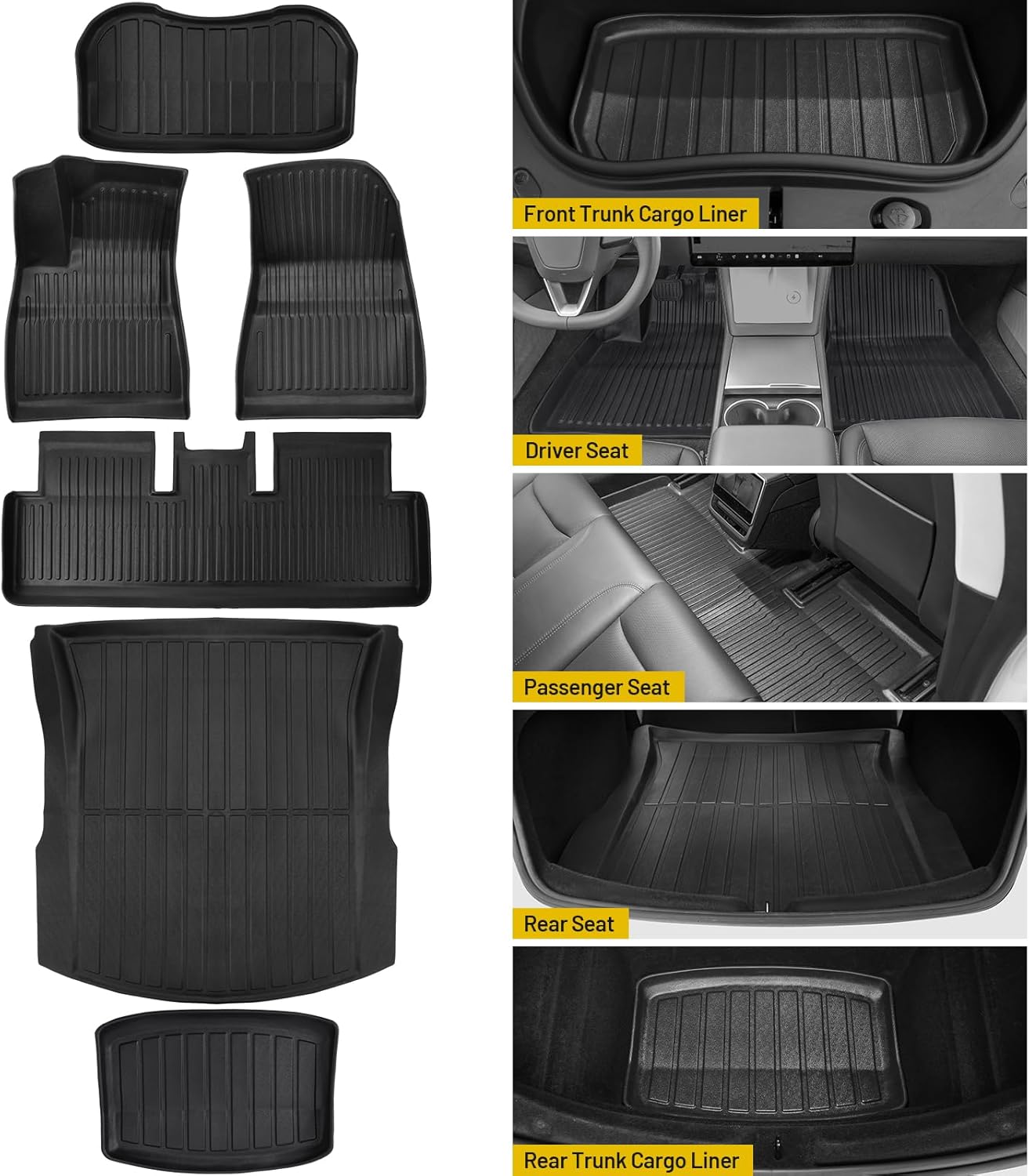 Floor Mats for 2024 2025 Tesla Model 3 Custom All Weather TPE Waterproof Anti-Slip Trunk Mats Front & Rear Cargo Liner Interior Accessories Custom Fit for 6 Car Mats 5-Seater (Not Fit 7-Seat)