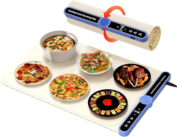 2025 Upgrade Silicone Large Warming Mat for Food,Countertop,Parties,Buffet Silicone AI Electric Plateful Food Warmer Mat 9-Level PreciseTemp Control 6-Level Timer/Rolled-up/Safe Lock-Beige