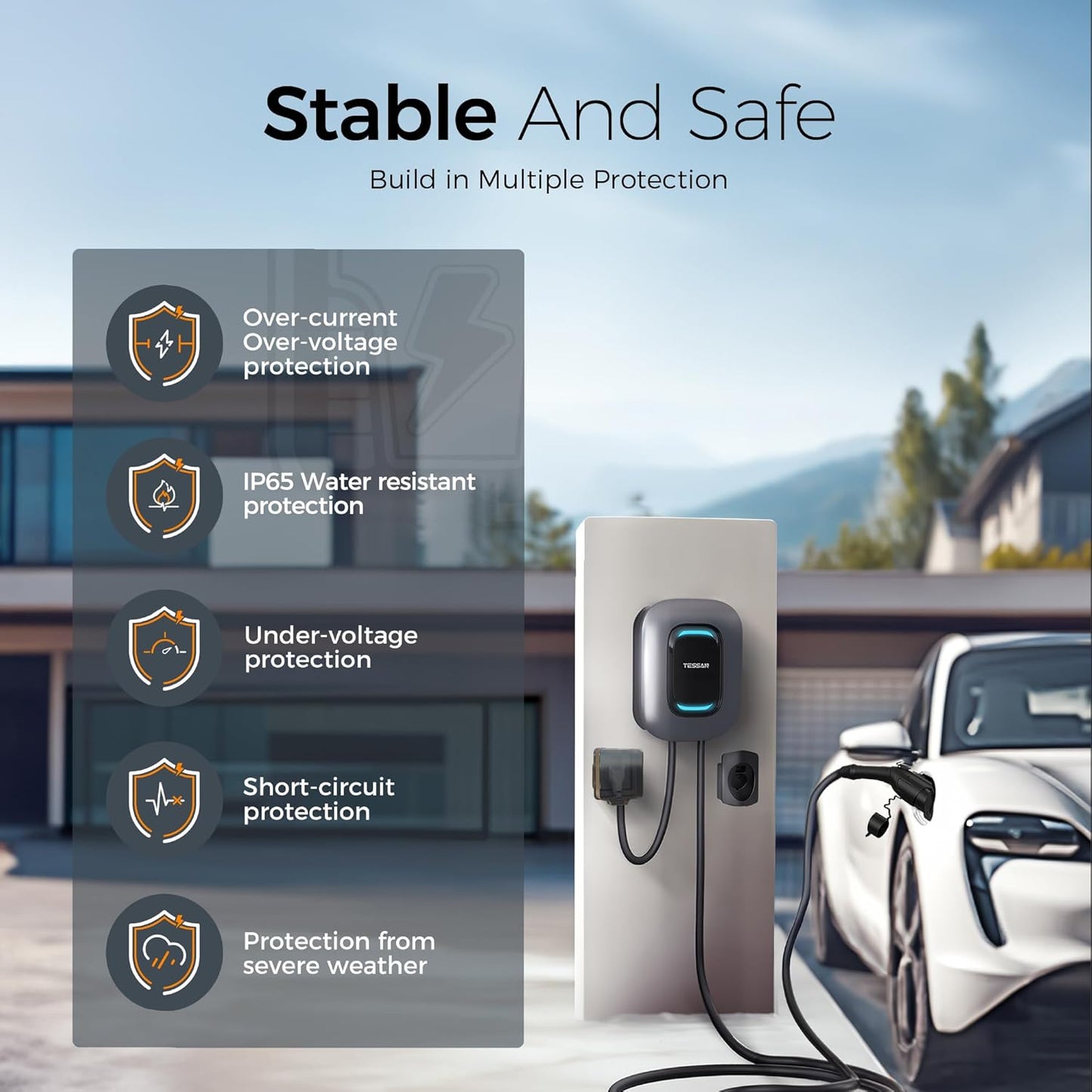 TESSAN Level 2 EV Charger, Hardwired Electric Vehicle Fast Charging Station, 48A/240V Smart Equipment App Control Wi-Fi （Only 2.4Ghz）& Bluetooth, 25ft Cable with Holder for Indoor Outdoor Home