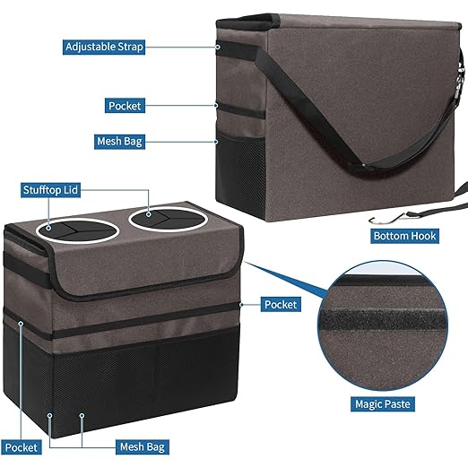 Car Trash Can Grey Large Storage Garbage Can with Lid Hanging for Back Seat Leakproof Automotive Vehicle Trash Bin