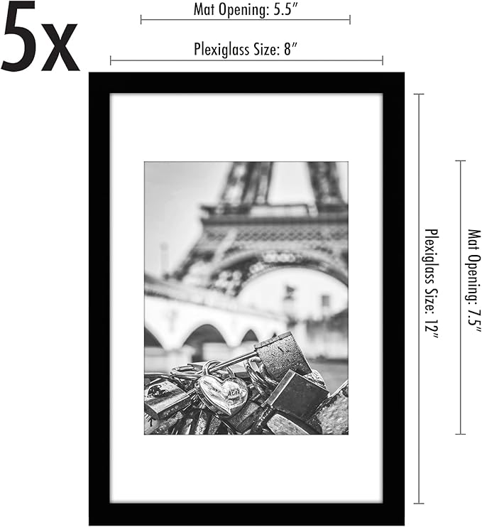 Americanflat 8x12 Picture Frame with Polished Plexiglass - Set of 5 - Use as 6x8 Frame with Mat or Display 8x12 Photo Without Mat - Galleria Collection - Picture Frames for Wall Display - Black