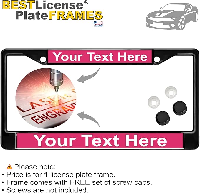 Custom Personalized Black Powder-Coated Metal Laser Engraved Standard Size - Car/Automobile License Plate Frame with Free caps - Pink/White Text (Qty: 1 Frame)