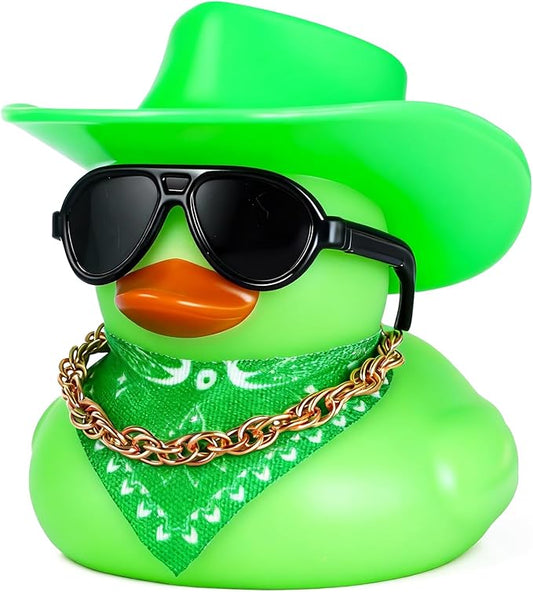BOZILY Green Cowboy Hat Rubber Duck Car Dashboard Decoration - Squeaky Silicone Duck with Glasses, Gold Chain & Scarf for Stress Relief Fun Driving Ornament