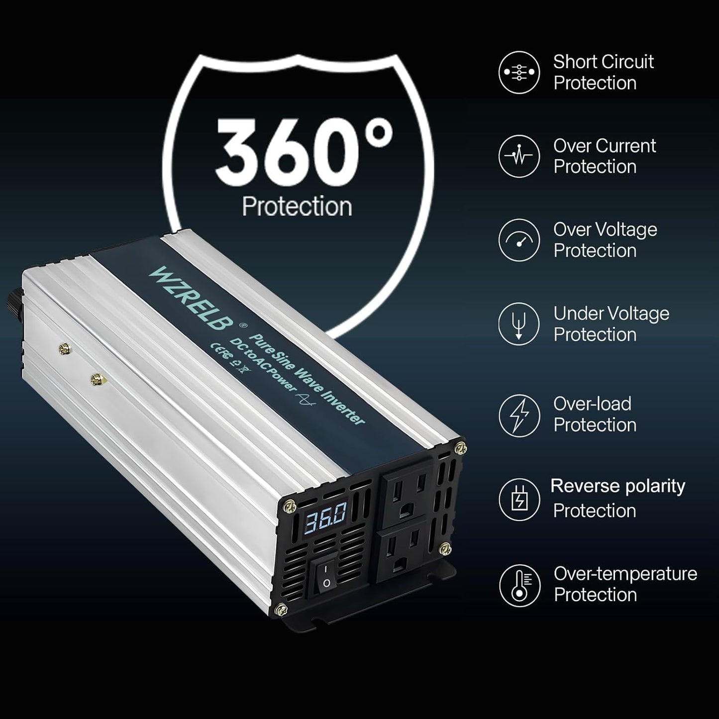 WZRELB 800W Pure Sine Wave Inverter 36V DC to 110V 120V AC Power Converter with LED Display, Off-Grid Portable Power Inverter with 2 AC Outlets for Home, RV, Truck, Camping