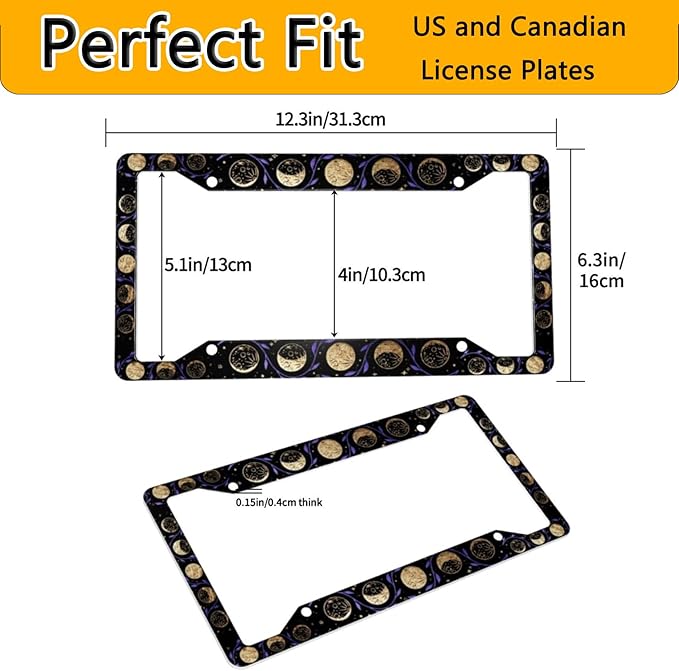 License Plate Frame 2 Pack Front Rear Aluminum Metal Rust-Proof Universal Car Tag Frames Holder with 4 Holes Car Decor Accessory with Screws for Men Women - Vintage Gold Moon Phase Flowers