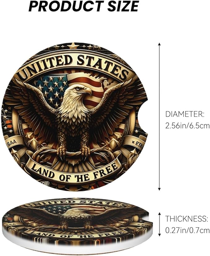 ABLESKY Car Coasters for Cup Holders, 2 Pack Absorbent Anti Slip Car Cup Holder Coasters, 2.56 Inch Ceramic Universal Size Auto Interior Accessories Women Men-Patriotic Bald Eagle USA Flag