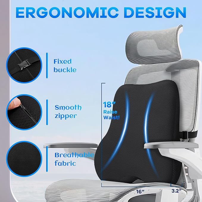 Gel-Infused Seat Cushion & Memory Foam Lumbar Pillow Set,Non-Slip Bottom，Breathable Mesh Cover，Portable Handle - Ergonomic Support for Office Chair Cushion, Car Seat Cushion and Wheelchair，Black