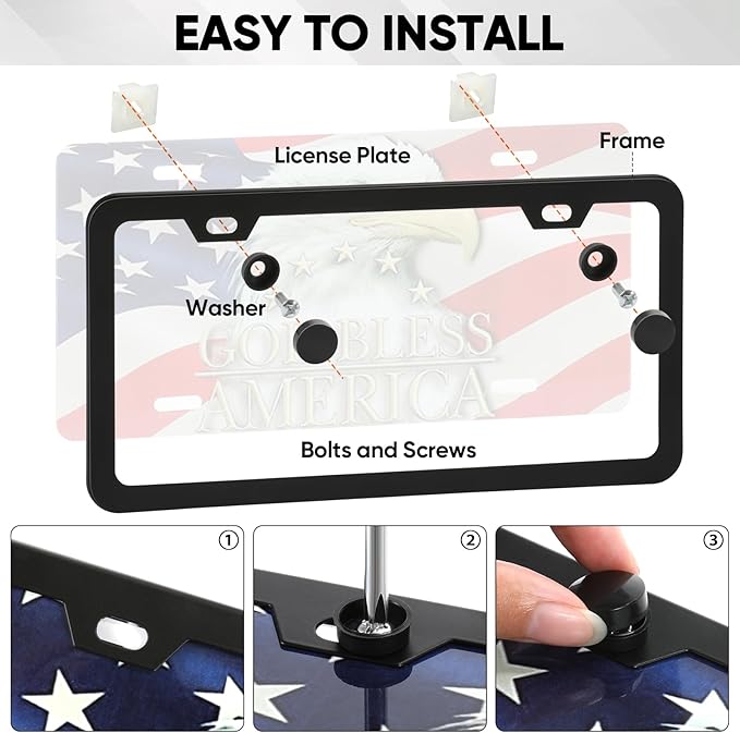 2 Pack License Plate Frames, 2 Holes Matte Black License Plate Frame,Aluminum License Plate Holder with Free Screws Fasteners Caps and Tool