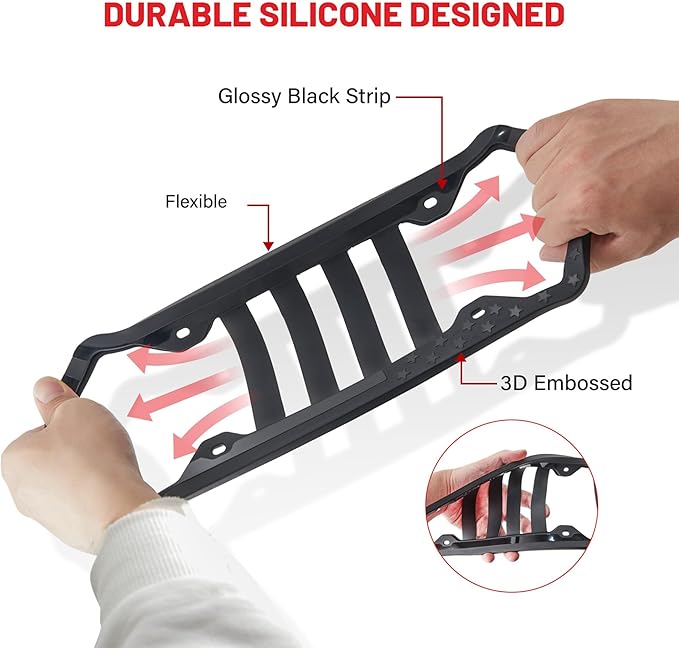 RED WOLF Silicone License Plate Frame American Flag Auto Tag, Subdued 3D Stars and Stripes USA Flag Front Rear License Plate Bracket Holder, Black Rattle Proof w/Mounting Accessories