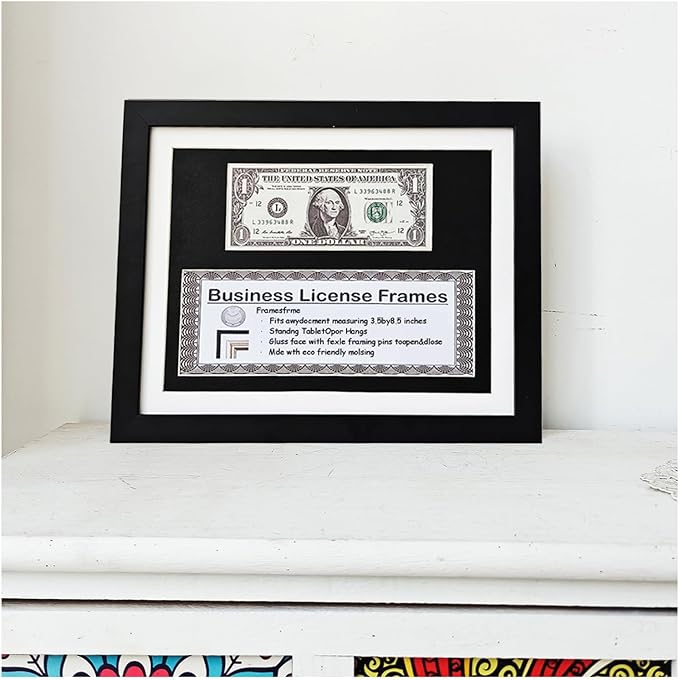 8.5x11 Business License Frame, Black Wood Grain Finish, UV Resistant, Holds 1st Dollar & 3x8.5 License, Includes Easel & Wall Hanger