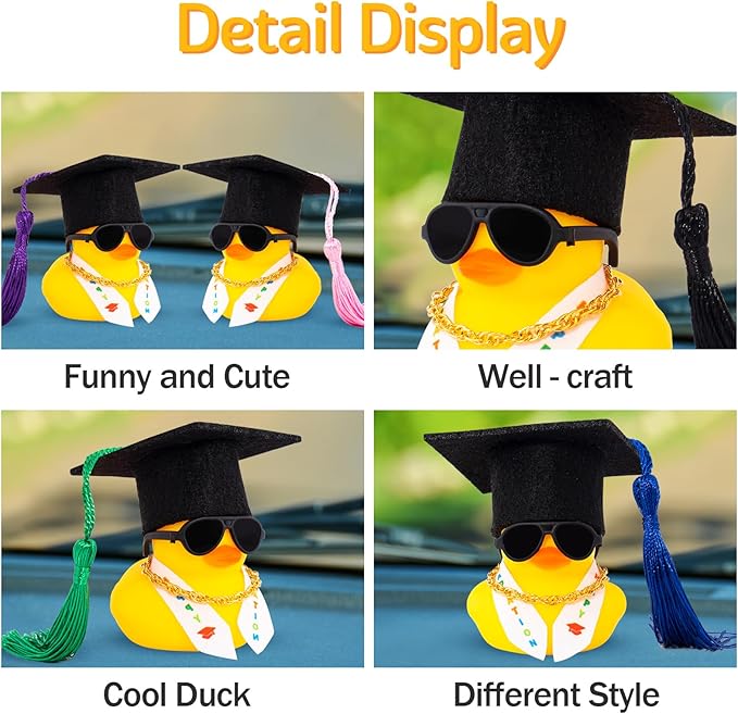 wonuu Graduation Stole Rubber Ducks, Dashboard Decorations Duck for Car Ornament Accessories with Hat Sunglasses Sash Chain (Pink)