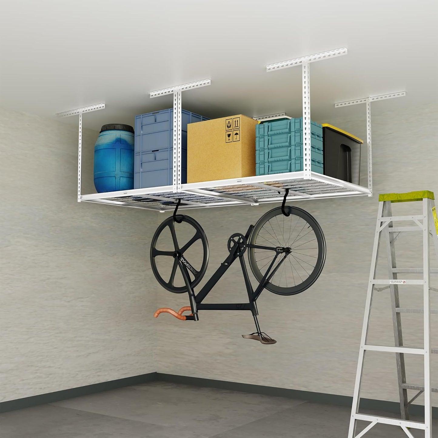 The Atlas 4 x 8 ft Adjustable Height Overhead Garage Storage Rack 900 lbs Heavy Duty Capacity White