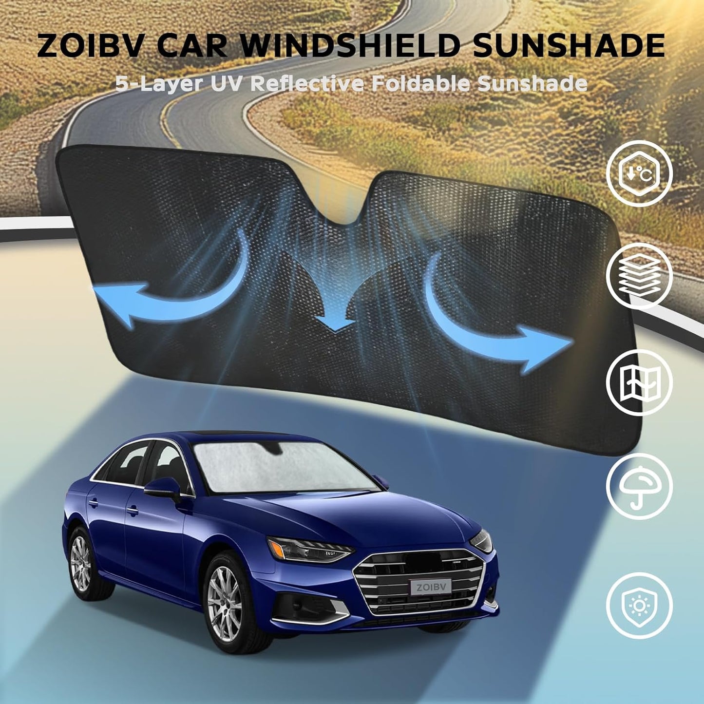 Windshield Sun Shade for Audi A4 2017-2024 - 5-Layer Bubble Foldable Front Window Shade Sun Visor Accessories - Blocks Heat & UV Rays