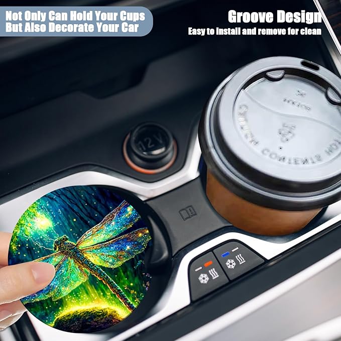 Car Cup Holder Coaster -Dragonfly Absorbent Ceramic Coaster, Car Coasters for Cup Holders, Auto Accessories for Women & Men, Pack of 2