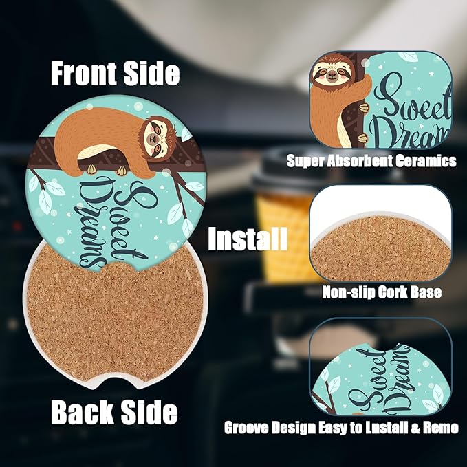 Car Cup Holder Coaster - Cute Baby Sloth Absorbent Ceramic Coaster 2 Pack, Car Coasters for Cup Holders, Fashion Car Interior Accessories Drink Coaster for Women & Men
