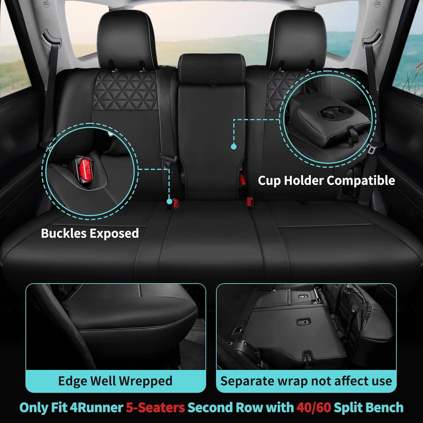 Seat Covers for Toyota 4Runner 2011-2024, Faux Leather Car Seat Cover Full Set, 2-Row-Only for 5 Seats Version-Blackwhite