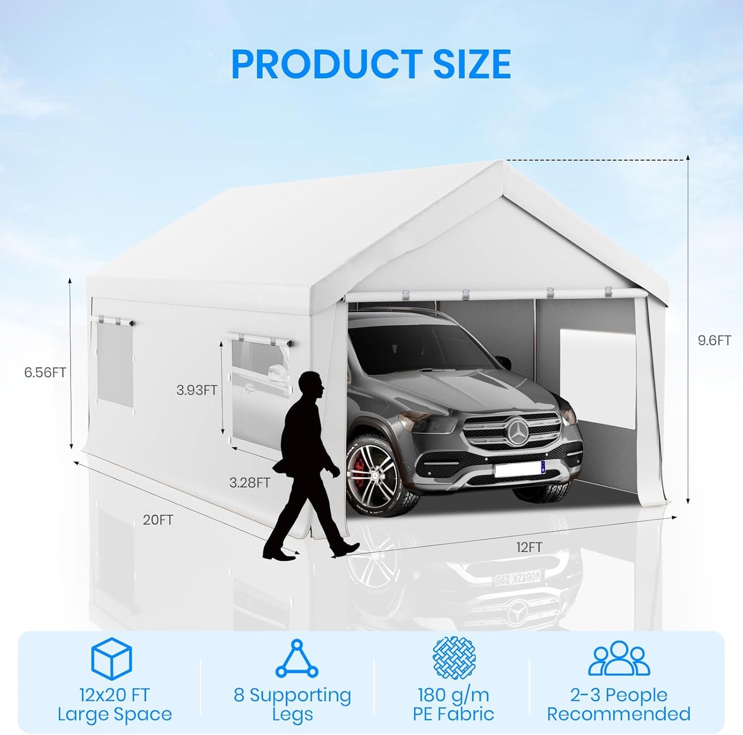 Carport 12x20 FT Heavy Duty, Outdoor Portable Garage with Removable Sidewalls & Doors, Waterproof, UV-Resistant Canopy Shelter for Vehicles, Boats, RVs, Trucks, All-Season Car Port,White