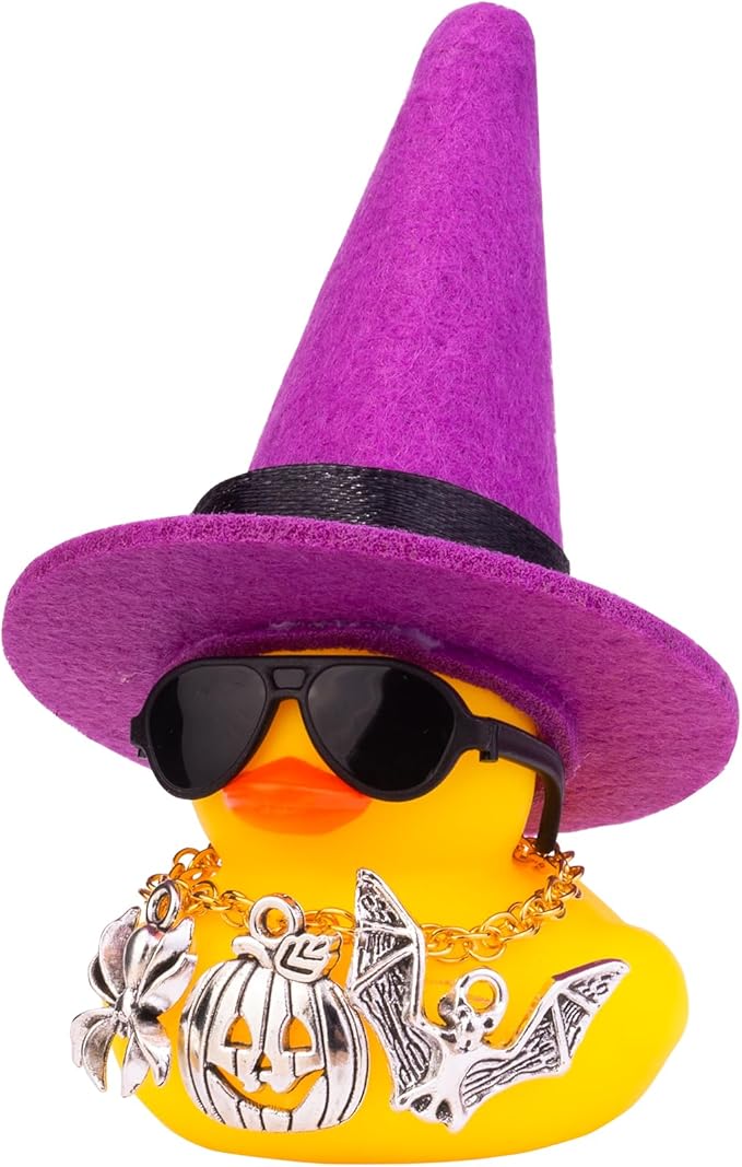 Rubber Duck Car Ornaments Yellow Duck Car Dashboard Decorations with Mini Witch Hat Sunglasses Necklace and Cute Accessories for Party Gifts(H3)