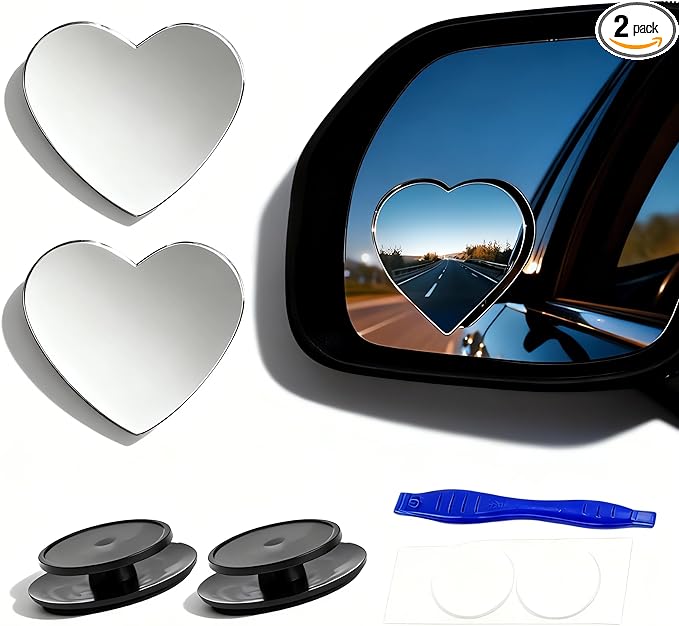 2 pcs Blind Spot Mirrors, 2" Heart Shaped HD Glass Convex 360° Wide Angle Side Rear View Mirror with ABS Housing for Cars SUV and Trucks, Chrome Heart shape, Pack of 2