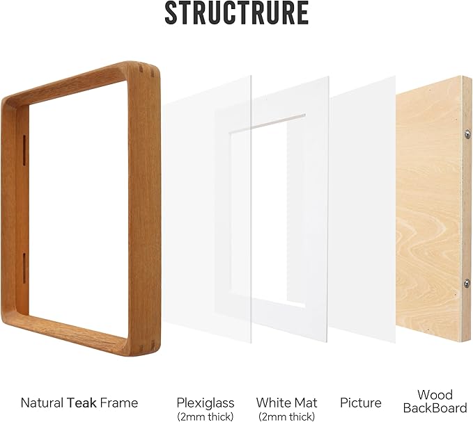 Natural 8x8 Picture Frame with Mat for Pictures 6x6, Square Standing Desk Photo Frame, Plexiglass,Solid Teak Wood，Tabletop and Wall Hanging