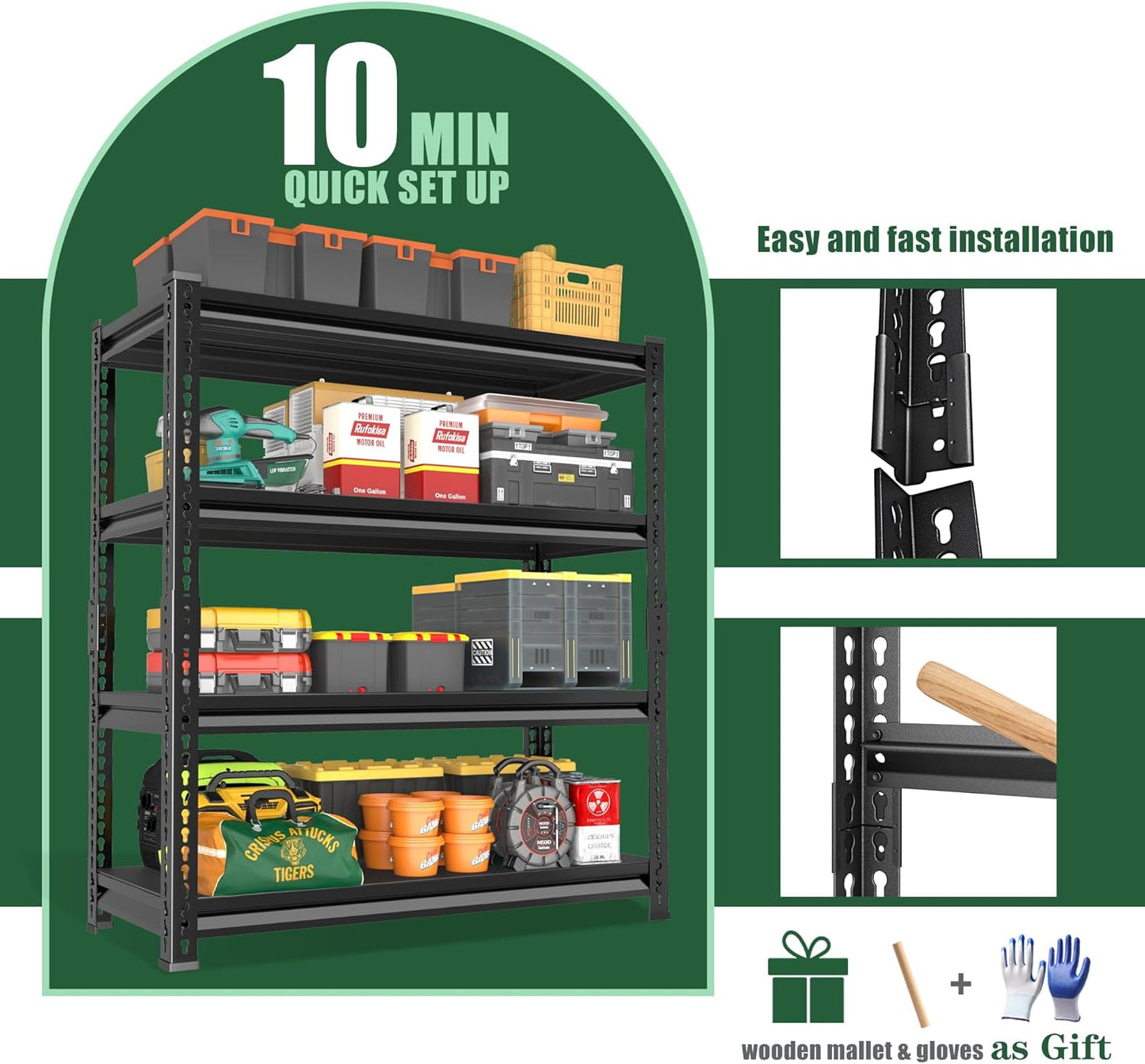 48" W Garage Shelving Heavy Duty，2000LBS Loads Adjustable Garage Storage Shelves, 4-Tier Metal Shelving Units and Storage Racks Heavy Duty, 48”W x 16”D x 72”H，Black