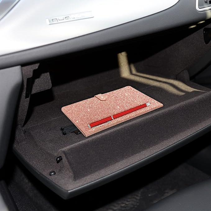 Car Registration & Insurance Card Holder Leather Auto Glove Box Organizer Document Wallet with Magnetic Shut (Glitter Rose, large)