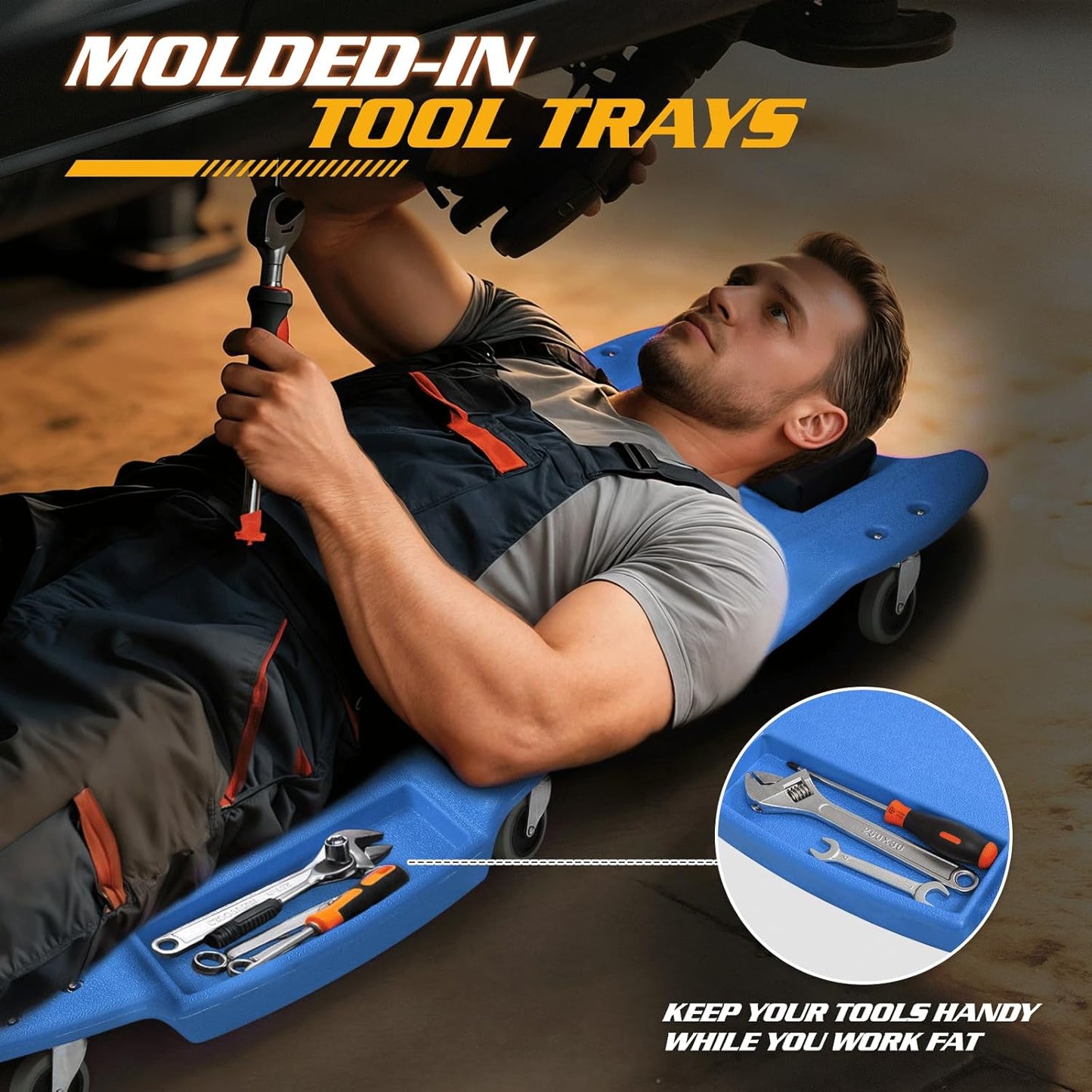 Magshion Mechanic Creeper with Padded Headrest & Tool Trays – 440 lbs Capacity, Rolling Garage Creeper with 6 Swivel Wheels, Lightweight & Portable Under Car Creeper for Auto Repair (Blue)