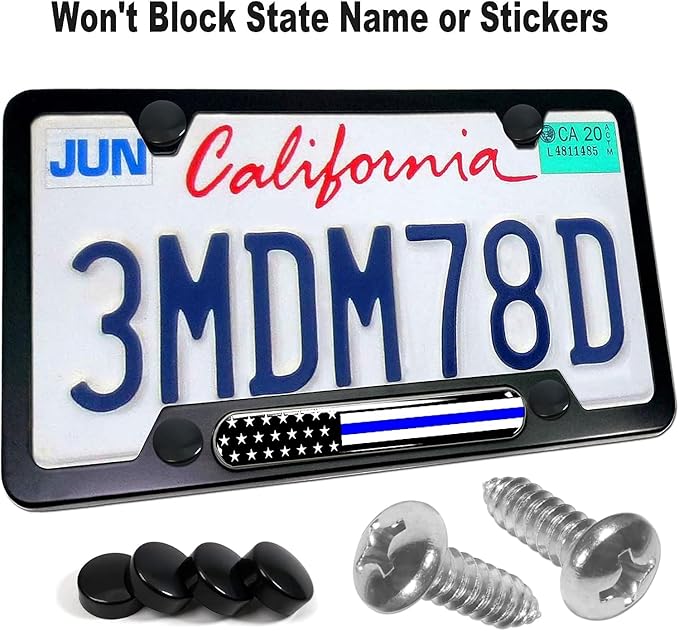 Aootf Police Thin Blue Line License Plate Frames- 2 Pack American Flag Matte Black Aluminum Patriotic Car Tag Cover Holder with Mount Screw Caps, Car Accessories for Officers Men Law Enforcement
