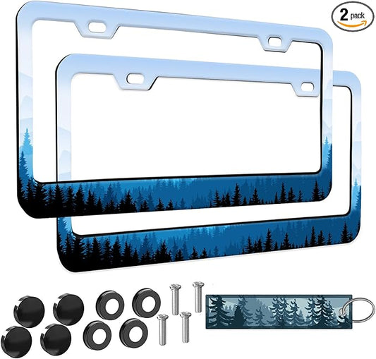 2pcs Mountain License Plate Frame for Women,Natural Pine Forest Mountain Horizon Landscape car Decorative tag Frames Girly,Blue Botanical License Plate Cover Holder for Vehicle with car Keychain tag