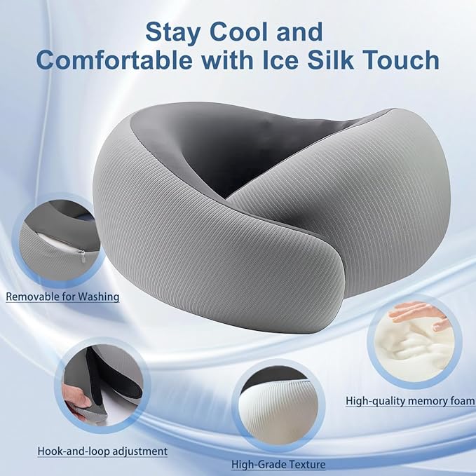 Travel Pillows for Airplanes,Memory Foam Neck Pillow for Traveling,Smooth & Cooling Fabric Plane Pillow for Long Flight,Ideal for Travels,Airplanes,Offices,Cars (Gray, Standard-Broad Fit)