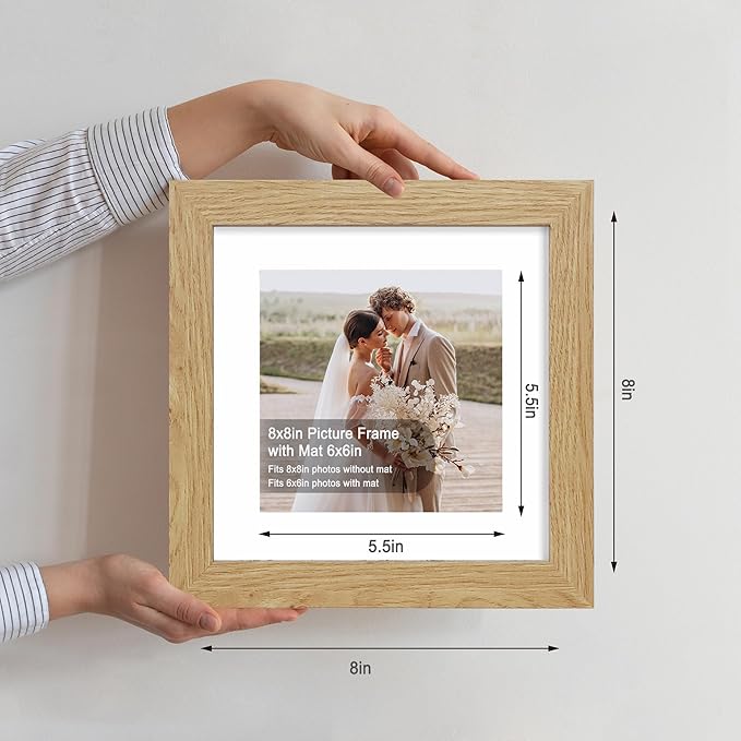 8x8 Picture Frames Set of 4, Made of Glass and Natural Oak Wooden Frame - Display Picture 6x6 with Mat or 8 x 8 Without Mat, 8 by 8 Photo for Wall or Tabletop
