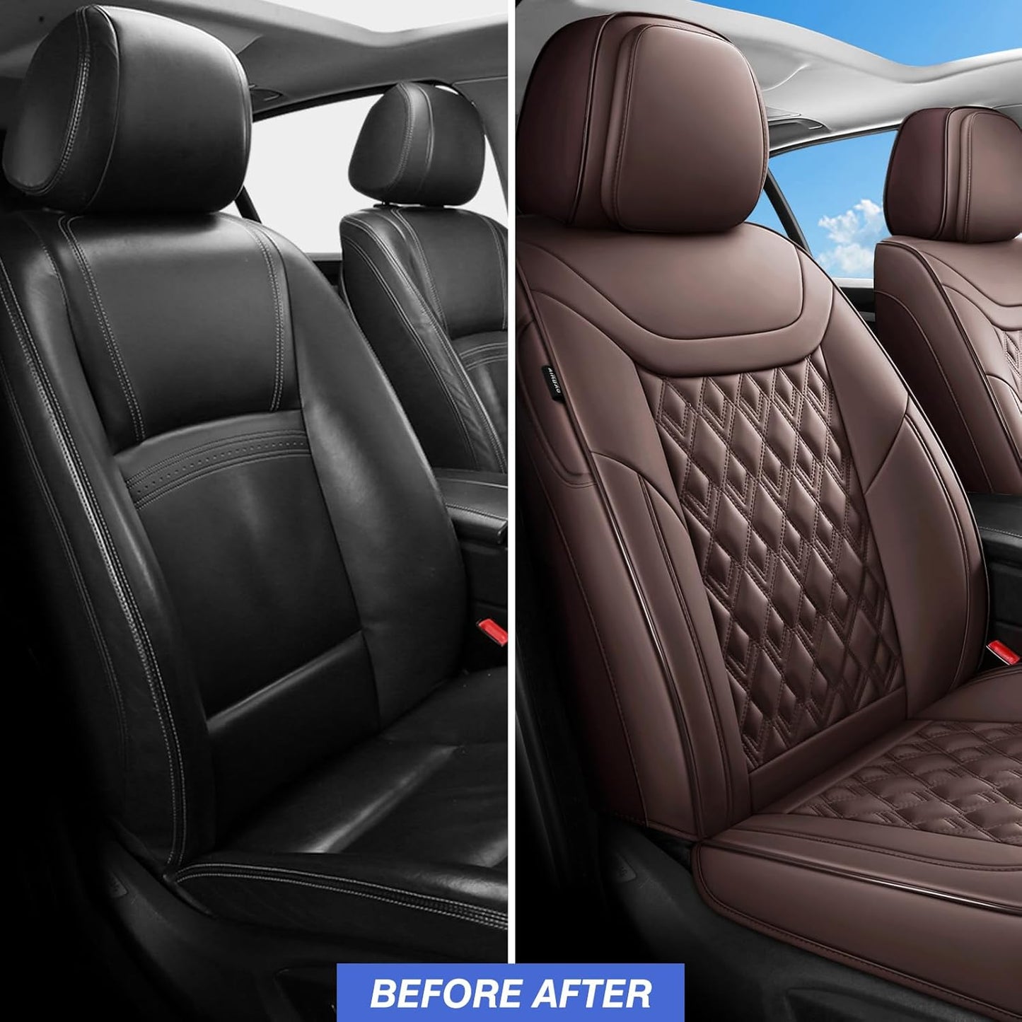 Car Seat Covers Full Set, Leather Seat Covers for Cars, Car Seat Protector Waterproof, Non-Slip Car Interior Covers Fit for Most Cars, SUV, Vans, Trucks,2Seaters,Full Set,Brown