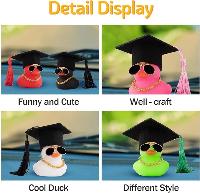 wonuu Car Dashboard Decor Graduation Hat Color Rubber Duck, Car Ducks Ornaments with Mini Graduation Hat Necklace Sunglasses (Pink)
