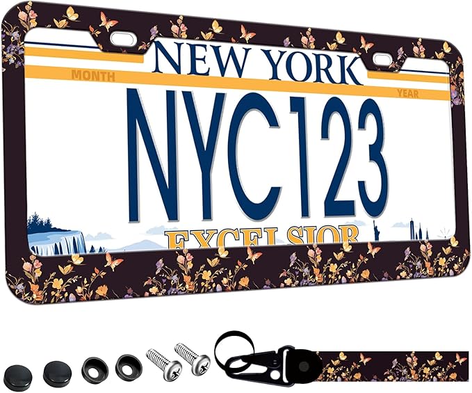 1-Pack Butterfly Floral Print License Plate Frames for Women, 2 Holes Butterflies Flower License Plate Holder,Colorful Butterfly License Plate Cover fits Vehicles with Keychain Wrist Lanyard
