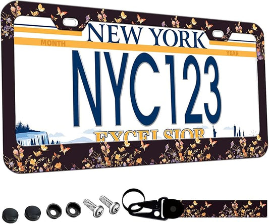 1-Pack Butterfly Floral Print License Plate Frames for Women, 2 Holes Butterflies Flower License Plate Holder,Colorful Butterfly License Plate Cover fits Vehicles with Keychain Wrist Lanyard