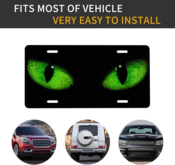 Front License Plate Green Cat Eye Vanity Plates Aluminum Metal Decorative Car Tag Face Novelty License Plate Cover for Men Women ‎6 * 12 in (4 Holes)
