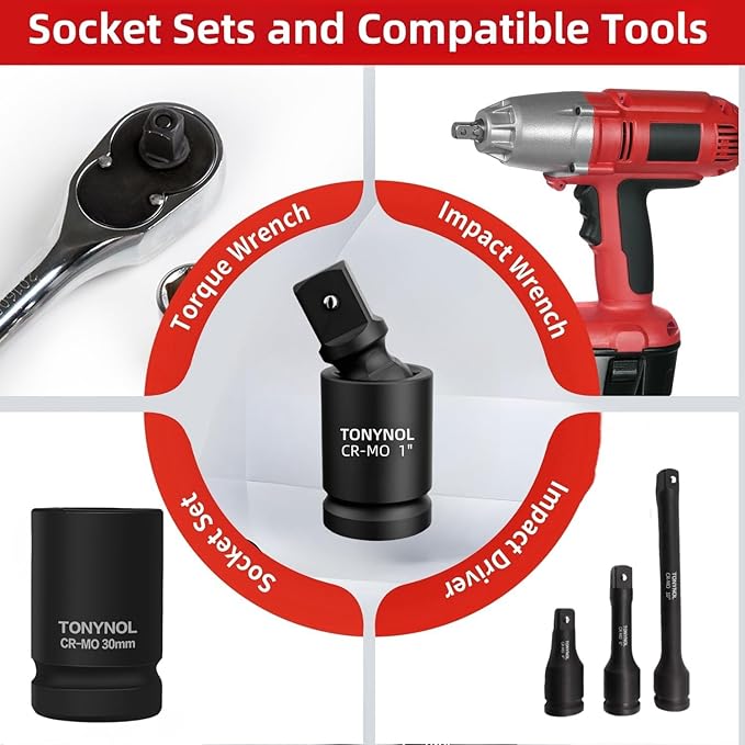 Universal Joint Swivel Socket Adapter 1" Drivers,U-Joint Drive CR-MO Impact Grad Wobble Socket Wrench Set