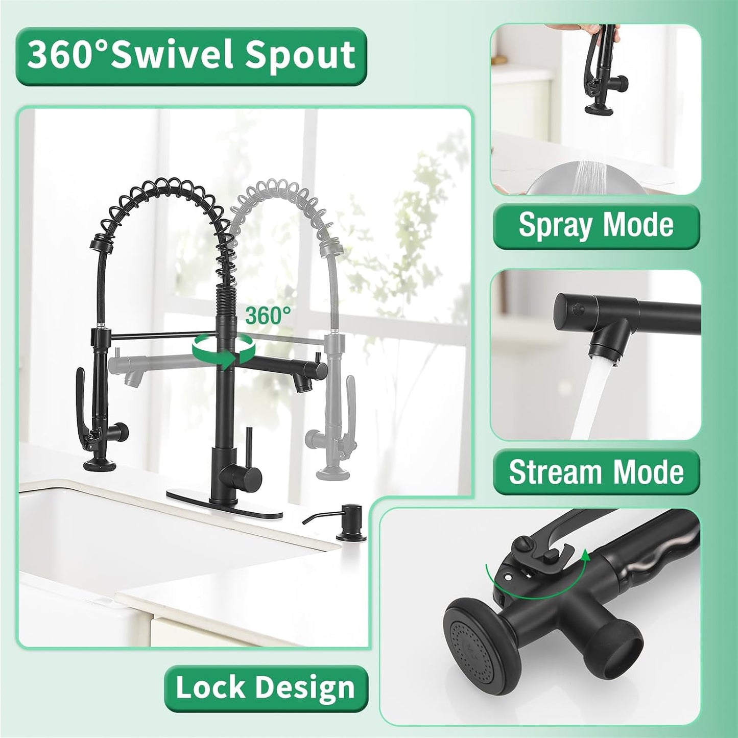 Fapully Commercial Pull Down Kitchen Sink Faucet with Sprayer Matte Black Single Handle Faucets for Kitchen Sink, Kitchen Faucet with Soap Dispenser and Deck Plack for 4 Hole