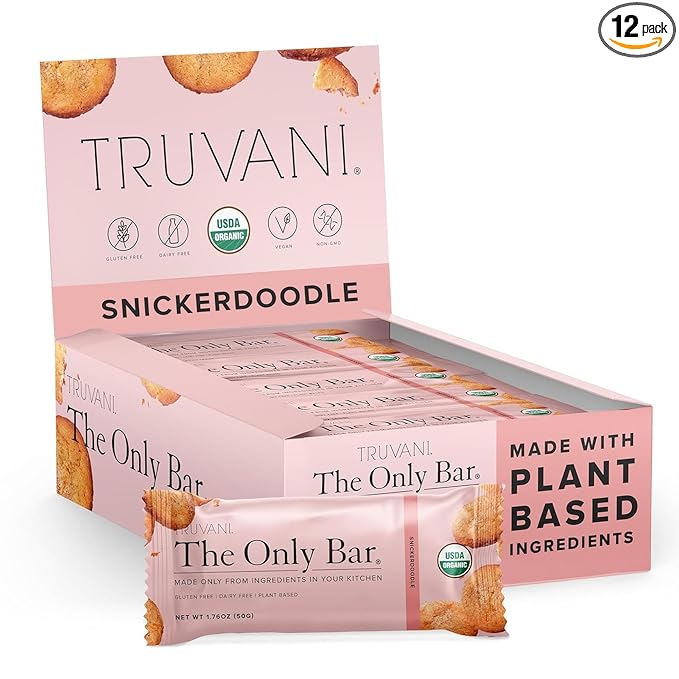 Truvani Plant Based Snack Bars | Snickerdoodle 12 Pack | 5g Protein | USDA Organic and Vegan | The Only Bar | Dairy, Soy, and Gluten Free | Individually Wrapped