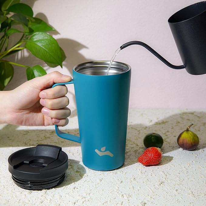 Insulated Tumbler with Handle and Straw, 18 OZ Travel Coffee Mug Stainless Steel Cup Metal Water Bottle,Blue