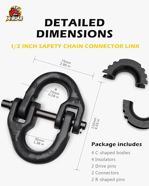 1/2 Safety Chain Connector Link, 2pack Hammerlock Coupling Link for Trailer Chains Connect, Drop Forged Steel Tow Hitch Safety Chain Connector Link, Black