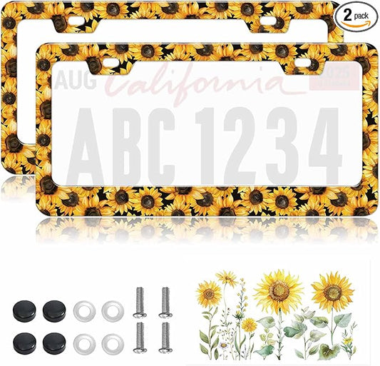 2pcs Yellow Sunflower License Plate Frame for Women, Flower Flora Car Tag Frames Girly for Vehicle with Non Adhesive Electrostatic Sticker