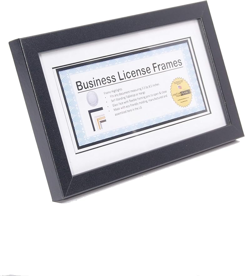 Creative Picture Frames 5.5” x 10.5” Black Business License Certificate Frame for Professionals Holds 3.5” by 8.5” with White Mat Includes Self Standing Easel Back with Hanger